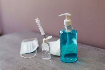 Coronavirus corona virus prevention,alcohol gel and surgical medical mask for protection virus