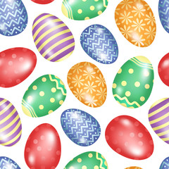 Hand drawn seamless pattern of many different colors eggs with lines, circles, flowers, glare. Сolorful spring doodle illustration for Easter, greeting card, invitation, wallpaper, wrapping paper