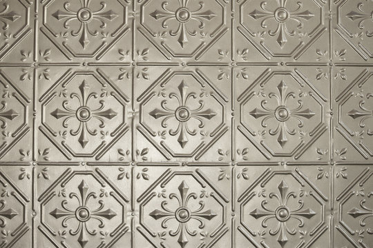 Silver Or Tin Pressed Metal Wall Panelling. Retro, Vintage Wall Or Ceiling Panelling. 