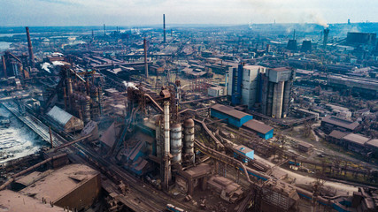 metallurgical production plant full cycle smoke from pipes bad ecology aerial photography