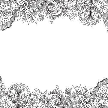 Beautiful abstract flowers frame set for print on product or adult coloring book, coloring page. Vector illustration