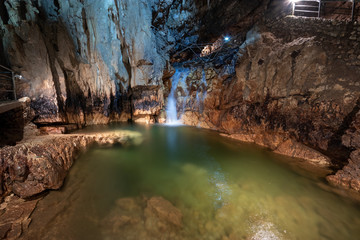 Underground waterfalls in the karst Stiffe caves. San Demetrio Ne 'Vestini, Park.Regional Sirente Velino, Abruzzo, Italy.