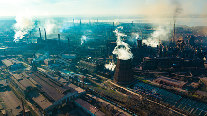 metallurgical production plant full cycle smoke from pipes bad ecology aerial photography