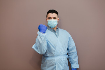 Termination of coronavirus. stop the virus from spreading. doctor wearing respiratory mask. prevent infectious disease.