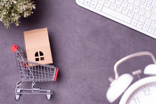Online shopping Concept. Top view of shopping cart with keyboard for Online shopping. Delivery online shopping. 6