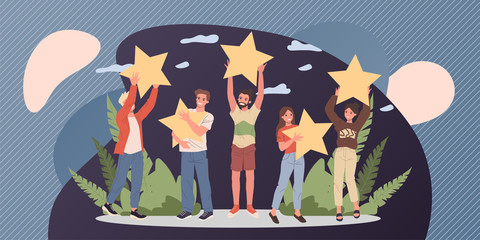 Satisfied customers rating services quality with review stars vector illustration. Happy people holding stars over their hands. Clients giving feedback for marketing survey, customer choice award