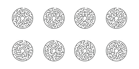 A set of 8 circular mazes 6 corridors wide, with no solution