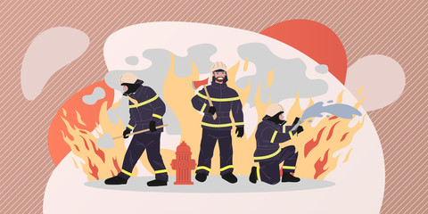 Firefighters vector illustration. Group of men in protective clothes with tools extinguishing fire. Firemen team for aid, safety, rescuing, training concept