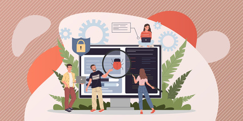 Debugging process flat vector illustration. People fixing bugs in hardware device. Application development and quality assurance service concept. Small people testing software near big screen. © Bro Vector
