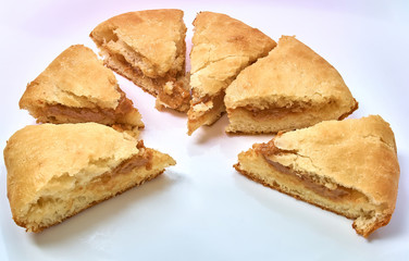 Slice of sweet homemade cake with condensed milk. Close-up photo.
