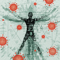  Vitruvian man futuristic stylized, victim of coronavirus pandemic.  Illustration of vitruvian man with a binary codes, digital numbers and coronavirus signs.