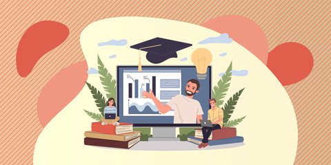 Fototapeta na wymiar Online teacher explaining graphs on monitor. Students with laptops and books watching webinar. Vector illustration for internet education, training, elearning concept