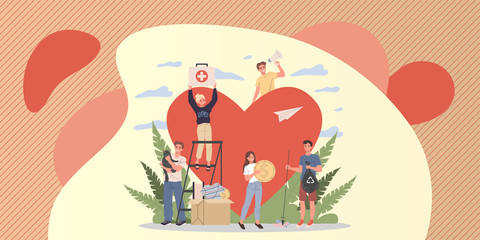 Volunteers vector illustration. Young people packing donation box with money, collecting garbage, taking care about animals near heart. Support community for social aid, charity, help concept