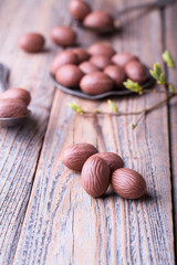 Delicious chocolate eggs on wood.