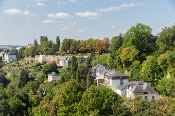 Fototapeta na wymiar Houses in park landscape naer Kirchberg in Luxembourg city