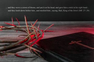 The concept of the Holy week. The crown of thorns in the red light and the Bible are on the table.