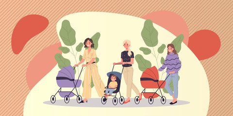 New moms walking with children. Young women wheeling strollers in park flat vector illustration. Motherhood, communication, friendship concept for banner, website design or landing web page