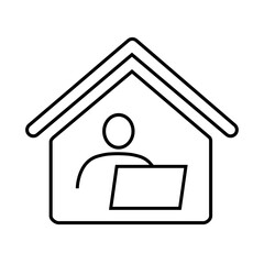 Home office, long-distance or remote work line icon. Man and computer inside house. Vector Illustration