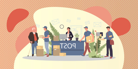 People at post office receiving parcels and mails vector illustration. Couriers delivering correspondence and packages to customers. Mail service office, shipping and delivery department
