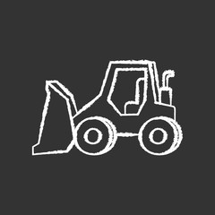 Bulldozer chalk white icon on black background. Road works industrial truck. Dozer for ground loading. Excavator for construction. Agricultural transport. Isolated vector chalkboard illustration