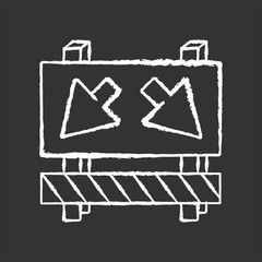 Detour chalk white icon on black background. Road works ahead sign. Roadsign to change route. Roadblock on street with arrows. Take roundabout on highway. Isolated vector chalkboard illustration
