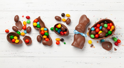 Chocolate easter eggs, choco rabbit and colorful sweets