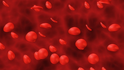 Red blood cells in vein 3D illustration. Blood cells in an artery, flow inside body, medical human health-care. Human vein under microscope.