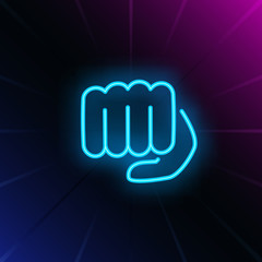 Bro fist neon sign. Glowing white fist on brick wall background. Vector illustration can be used for gesturing, communication, chatting