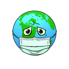 planet in a medical mask, cartoon isolated image, vector EPS.