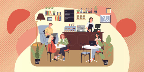 Fototapeta na wymiar Coffee shop vector illustration. People drinking coffee at tables, using computers. Modern cafe interior image for barista job, coworking concept