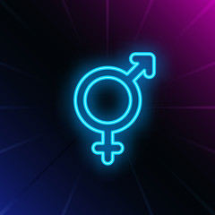 Heterosexuality neon sign. Glowing white heterosexual symbol on brick wall background. Vector illustration can be used for sociality, love, relationships