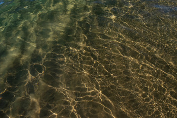 Fototapeta na wymiar Water on the beach. Waves and sand. The sun glare from the water on the sand. 