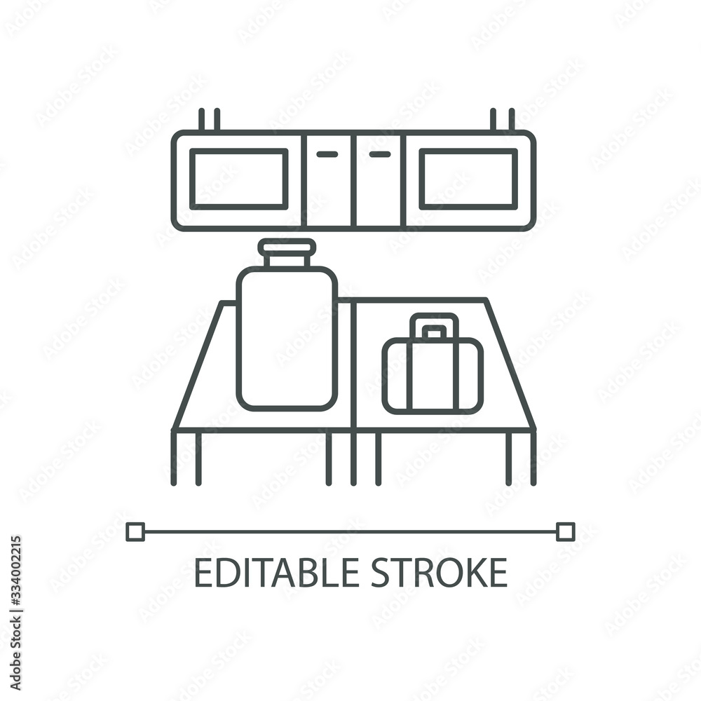 Poster baggage custom check pixel perfect linear icon. luggage on desk in airport terminal. thin line custo