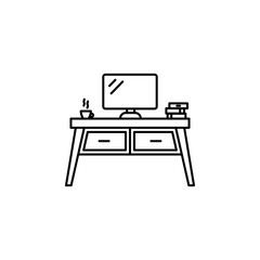 computer, table, furniture line illustration icon on white background.