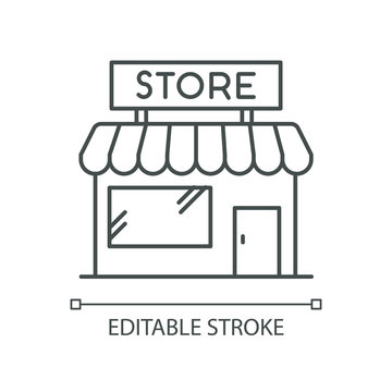 Convenience store pixel perfect linear icon. Grocery shop exterior. Small business in retail. Thin line customizable illustration. Contour symbol. Vector isolated outline drawing. Editable stroke