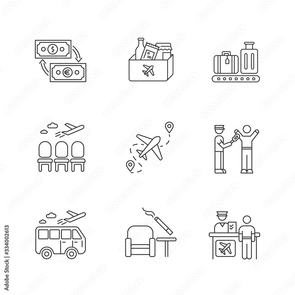 Poster airport terminal pixel perfect linear icons set. waiting lobby for passengers. flight check in. cust