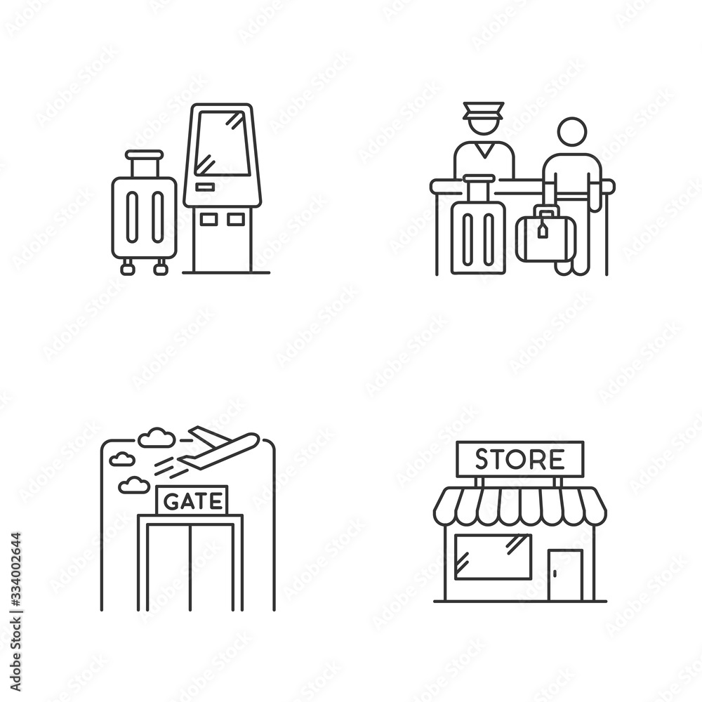 Poster airport terminal pixel perfect linear icons set. self service kiosk to check in. registration desk. 