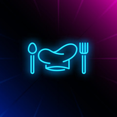 Chief cook hat, fork and spoon neon sign. Cooking, catering service, restaurant advertising design. Night bright neon sign, colorful billboard, light banner. Vector illustration in neon style.