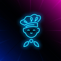 Kid wearing chief cook hat neon sign. Cooking, restaurant advertising design. Night bright neon sign, colorful billboard, light banner. Vector illustration in neon style.