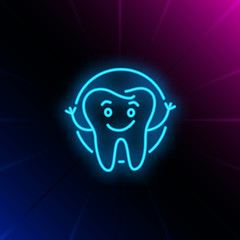 Happy tooth neon sign. Luminous signboard with smiling tooth. Night bright advertisement. Vector illustration in neon style for dental care, clinic, advertisement