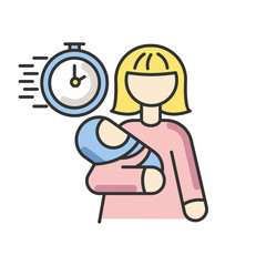 Emergency babysitter RGB color icon. Babysitting service worker. Urgent day care help. Quick assistance with infant. Woman with kid. Maternity leave to look after kid. Isolated vector illustration