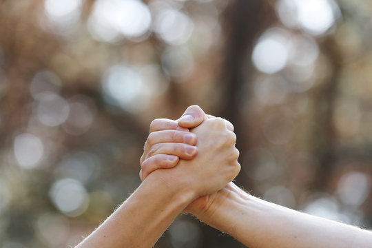 two people shaking hands isolated on a natural background in the park. isolate two hands holding on another, signal of collaboration. copy space. selective focus