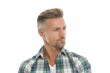 Fall in love with your hair. Man with stylish hair isolated on white. Unshaven guy with facial hair. Haircare cosmetics. Grooming products. Barbershop. Hair salon. Hairdressing and hairstyling