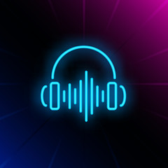 Headphones neon sign. Luminous signboard with earphones and soundwave. Night bright advertisement. Vector illustration in neon style for music store, entertainment, song