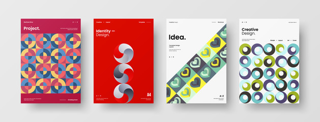 Business presentation vector A4 vertical orientation front page mock up set. Corporate report cover abstract geometric illustration design layout bundle. Company identity brochure template collection.