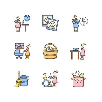 Babysitter service RGB color icons set. Part time childcare job. Around clock babysitting. Photo report of kid for parents. Night time nanny. Household duty. Isolated vector illustrations