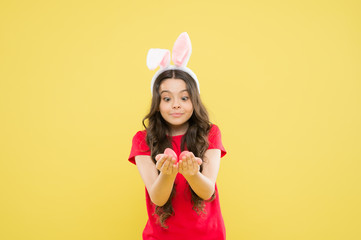 Fun and educational Easter activity for kids. Little girl easter eggs. Cute cheerful bunny schoolgirl celebrate Easter day. Preparing decorations. Funny games. Indoor and outdoor holiday activities