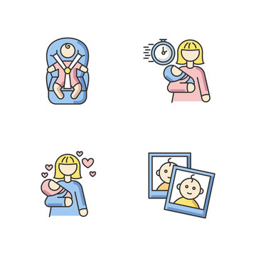 Babysitting service RGB color icons set. Child transportation. Emergency babysitter. Mom love for infant baby. Photo report of little kid for parents. Isolated vector illustrations
