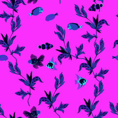Seamless vector pattern with thin black twigs and fish on a bright pink background.