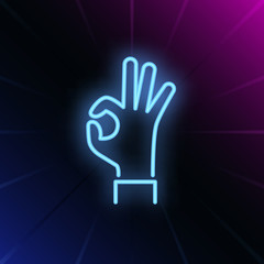 Okay neon sign. Glowing hand in okay gesture on brick wall background. Vector illustration can be used for gesturing, communication, chatting
